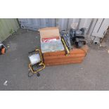 Selection of ribbits, light, sharpening bench grinder plus 2 spare wheels, circular saw, leaver bar,