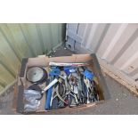 Box of mole grips, draper wrench and other tools.
