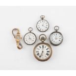 Watch and pocket watch, including, a rectangular cased gold wristwatch, unsigned dal,