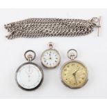 Three pocket watches, including a ladies pocket watch, with engraved case back and gilded dial,