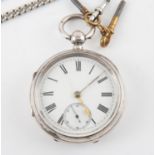 A gentleman's silver open face pocket watch, the white enamel dial with Roman numeral hour markers,