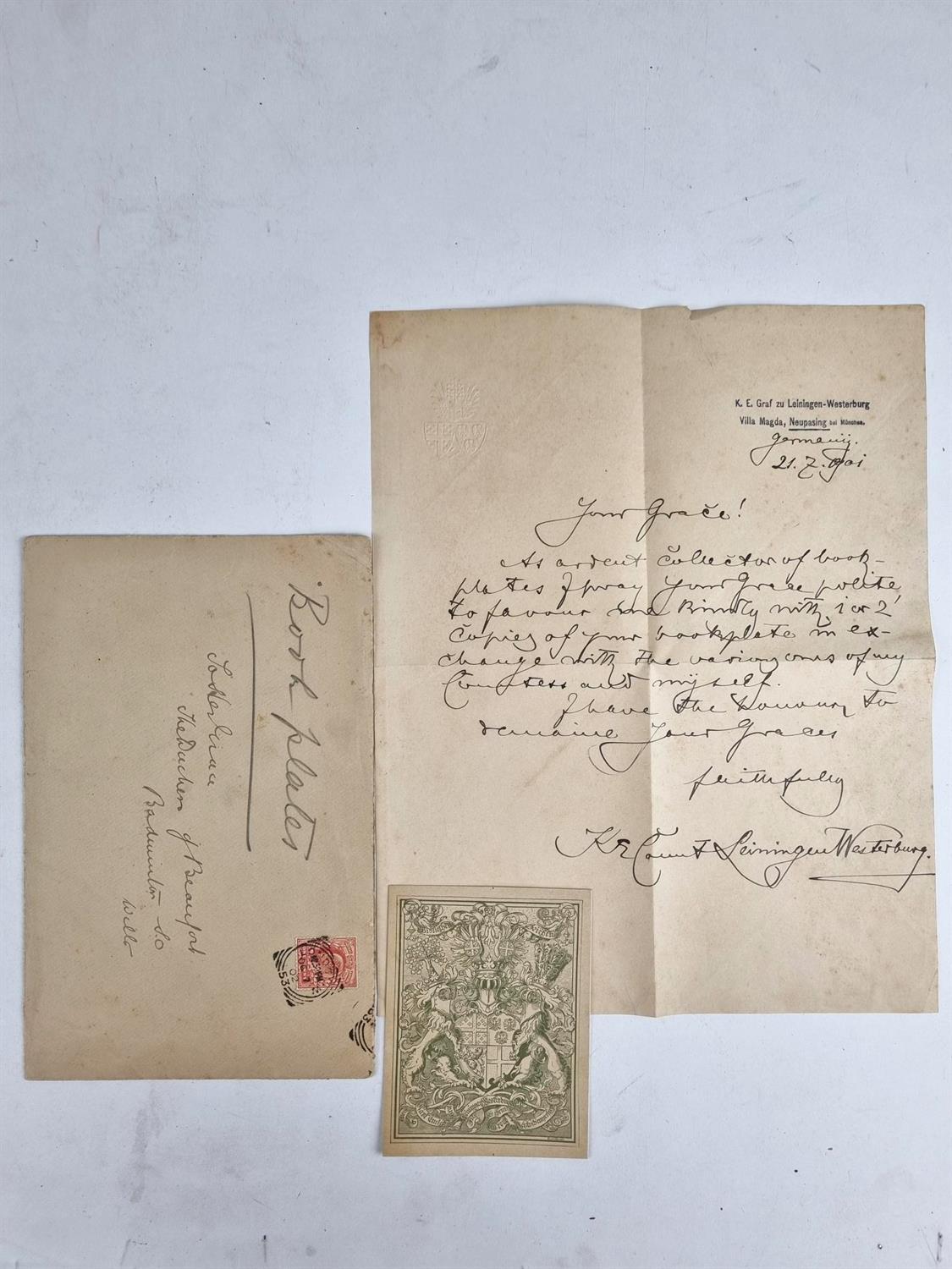 Karl Emich Count Zu Leiningen-Westerburg Autographed letter from Villa Magda, Neupasing, 21.7.