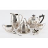 Silver plated oval half reeded three piece tea service by Walker & Hall, bee hive honey pot and