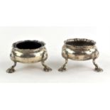 Matched pair of silver cauldron salts, each with three shell cast feet, London 1751 and Edinburgh