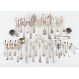 Assorted George III and other silver flatware various dates and makers and two open salts 58.