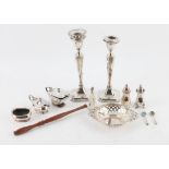 Silver pierced dish, with ribbon form handles, 14.5 cm wide, silver candle snuffer,