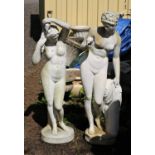 Pair of reconstituted stone Classical nudes, on fluted cylindrical bases, figures 121 cm high,