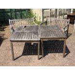 Two Teak garden benches 120 cm wide, and two teak garden tables (4)