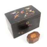 Japanese lacquered two section tea caddy, with bird and mother-of-pearl floral decoration, h12.