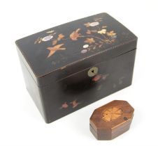 Japanese lacquered two section tea caddy, with bird and mother-of-pearl floral decoration, h12.