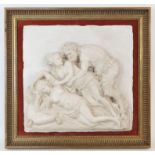 Plaster plaque, depicting a Classical scene of a faun and two ladies, mounted in a frame, 34 x 35 cm