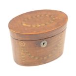 George III fiddle back mahogany single compartment tea caddy of oval section with inlaid swag