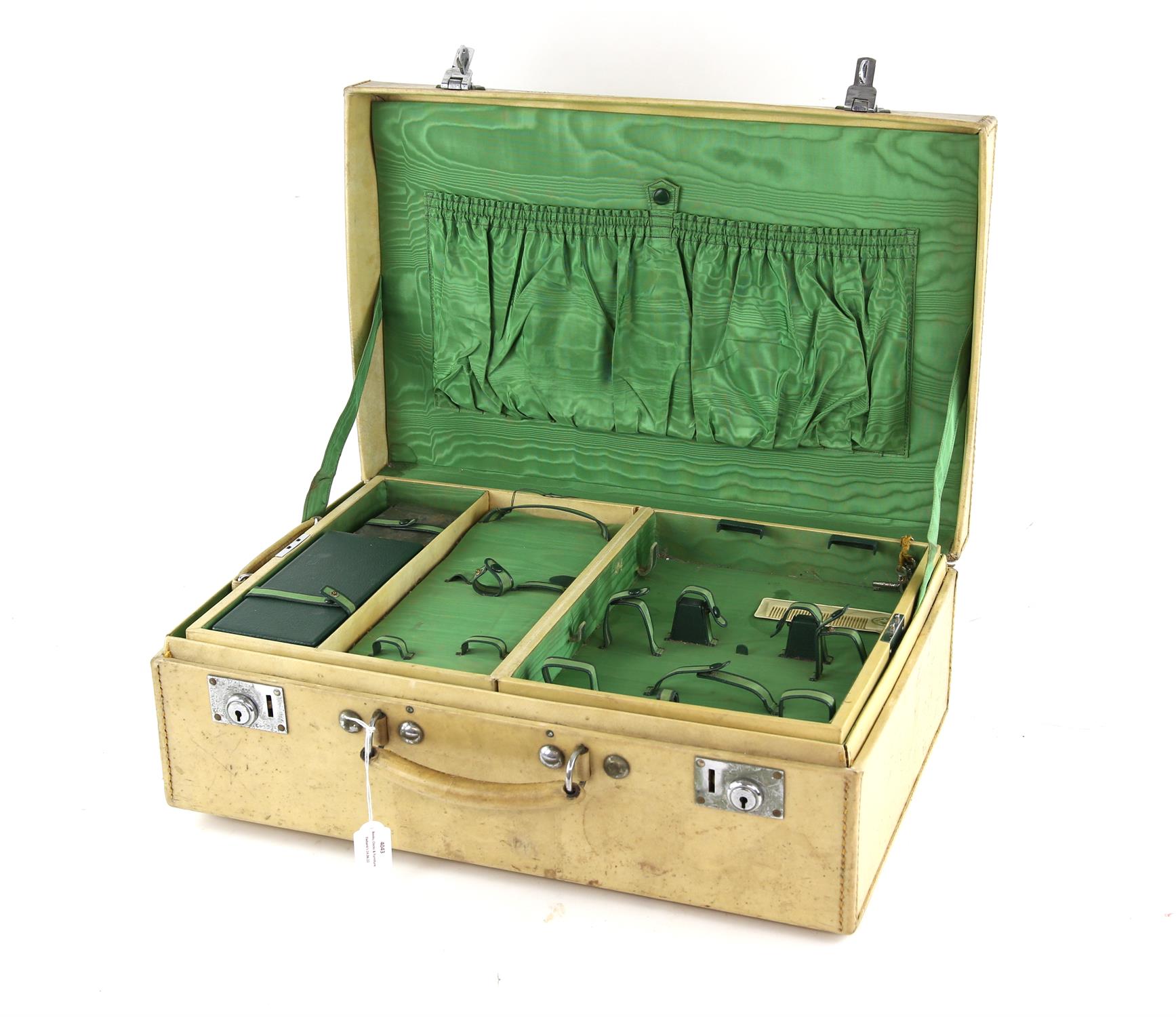 Vellum covered travel case, with an internal case fitted for brushes and mirrors,