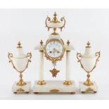 19th century French white marble clock garniture set, with vase finial over an enamelled floral