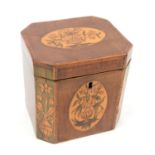 George III satin mahogany single compartment tea caddy with inlaid floral marquetry decoration and