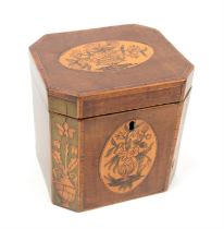 George III satin mahogany single compartment tea caddy with inlaid floral marquetry decoration and
