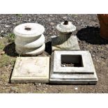 Reconstituted stone circular plinth, 30 cm high, 37 cm diameter, a fluted plinth and two bases (4)