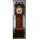 19th century mahogany eight day Yorkshire Longcase clock, the hood with swan-neck pediment and
