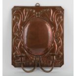 Arts and Crafts copper twin branch girandole type wall light or sconce, the rectangular back