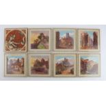 Seven Mintons printed and coloured pictorial tiles, depicting 'Village of Splugen, The Alps',