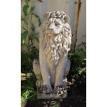 Reconstituted stone figure of a seated lion, on a square plinth place, 116 cm high