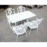White painted aluminium rectangular garden table, rectangular top, H71 W59 L115 cm and four chairs
