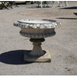 Reconstituted stone garden pedestal urn, 19th century style, with tongue and dart edge,