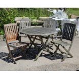 Teak folding garden table with octagonal top, 102 cm diameter, and four folding chairs (5)