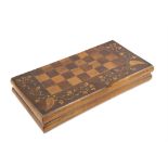 Late 19th century Irish yew wood and Killarney work folding chess and backgammon board,