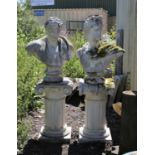 Pair of reconstituted stone Classical busts both on Ionic fluted columns and painted white,