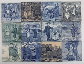 Matched set of twelve Wedgwood Old English blue and white tiles, with designs after Helen J.A.