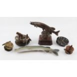 Fishing memorabilia, to include: bronze sculpture in the form of a trout on wooden base,