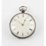 Early 19th C silver cased open face pocket watch, unsigned white enamel dial, with black roman