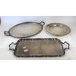 Two Christofle silver plated trays, 63cm wide and 35 cm diameter, and an Electroplate tray (3)