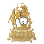 Early 20th century spelter mantel clock, H44cm and an onyx mantel clock with battery movement,