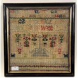 Woolwork sampler, 33 x 32 cm and a silk embroidery (2)