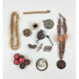 Selection of silver and costume jewellery, four silver brooches, including one in a leaf and flower