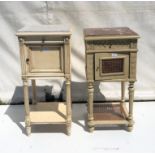 Two French white painted bedside tables, with marble tops and interiors on fluted legs,