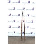 Five mid 20th century African wood and steel spears, to include a lion hunting spear 236cm long,