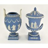 AMENDED DESCRIPTION - Wedgwood blue jasperware urn and cover, 30 cm high and a twin handled vase