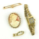 Ladies vintage Rotary bracelet watch, an emerald and diamond brooch, both in 9 ct yellow gold,