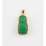 Chinese jadeite Guanyin pendant. Marked 18K to the loop suspension but plated. 3.5 cm long x 1.