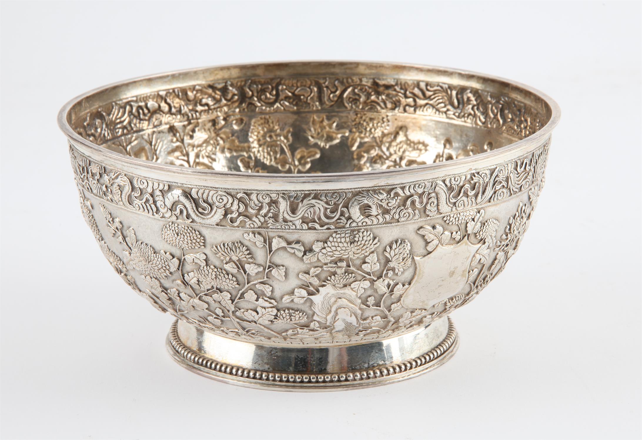 Chinese export silver bowl, embossed with a dragon border above chrysanthemums, maker's mark LH, - Image 4 of 7