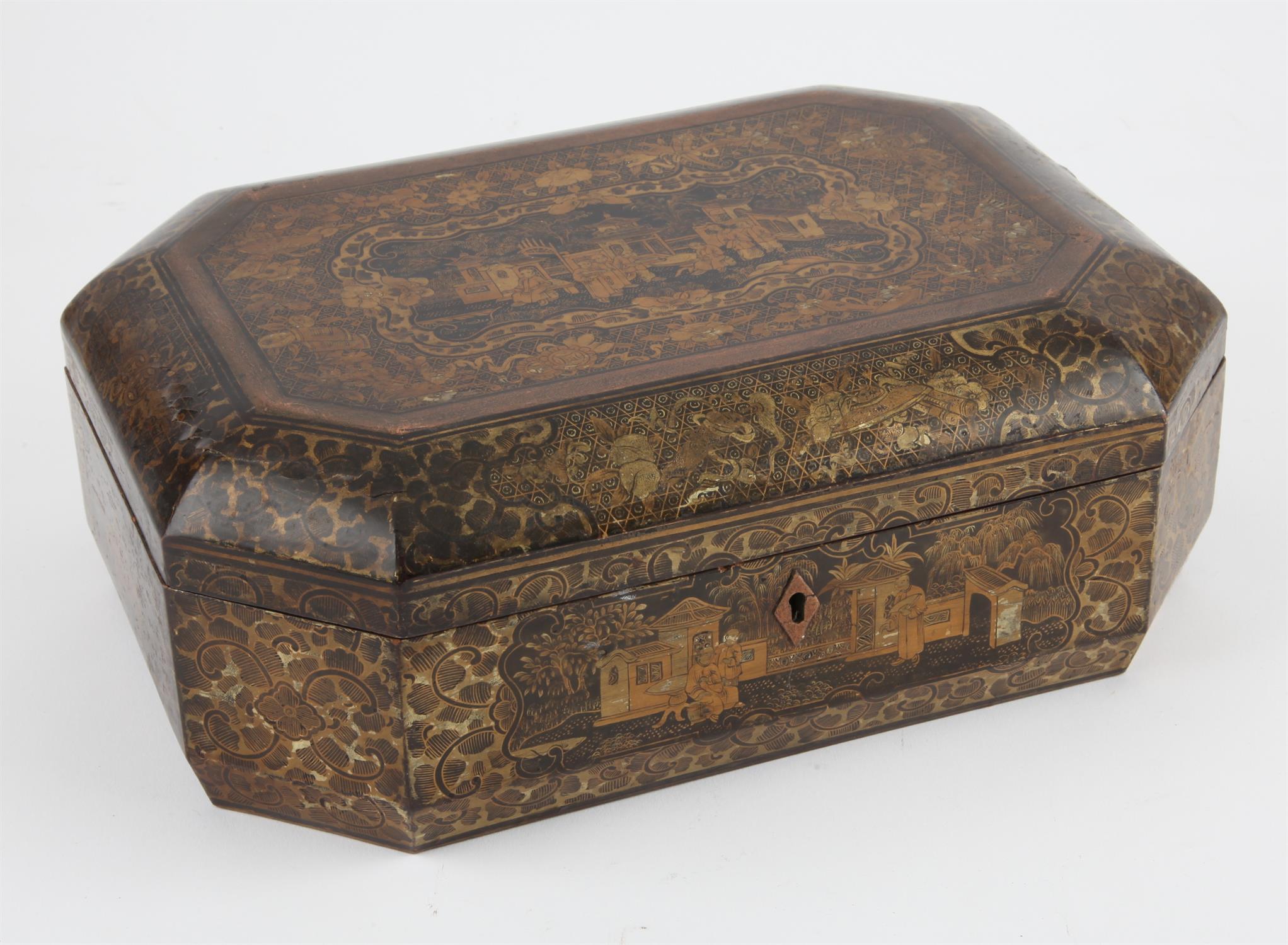 Chinese lacquer sewing box, 19th century. Decorated with intricate designs and images of figures on