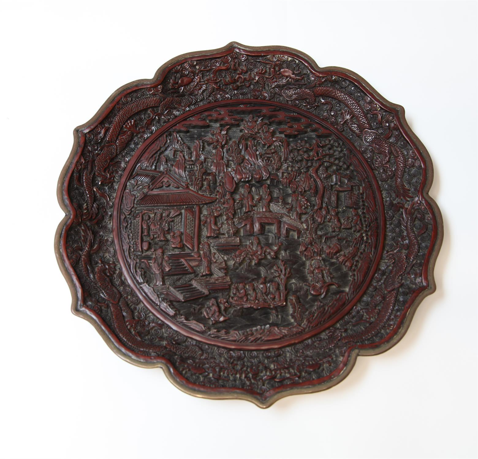 A Chinese Cinnabar Lacquer Dish , Qing dynasty. Its petalate rim finished with a metal band above - Image 15 of 16