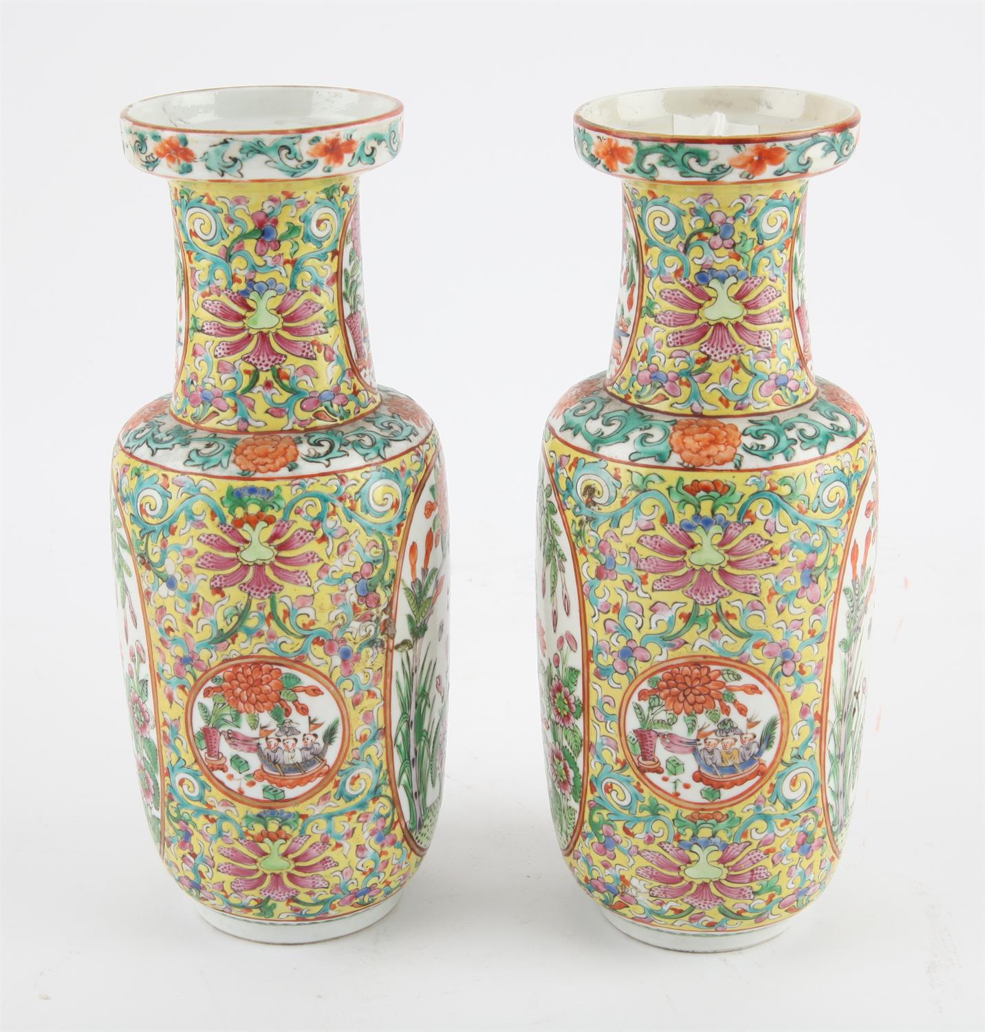 A pair of Chinese yellow ground Famille Rose vases, 19/20th century. Painted with panels with - Image 8 of 10