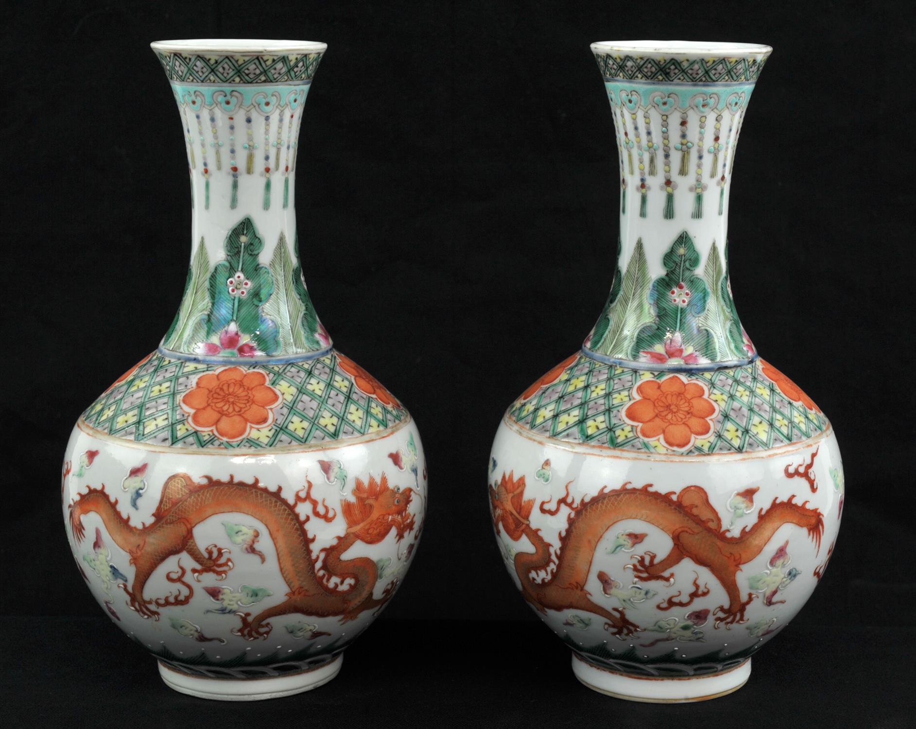 A pair of Chinese Famille Verte, Iron red, Dragon Bottle vases, Qing dynasty, Guangxu period. - Image 4 of 12