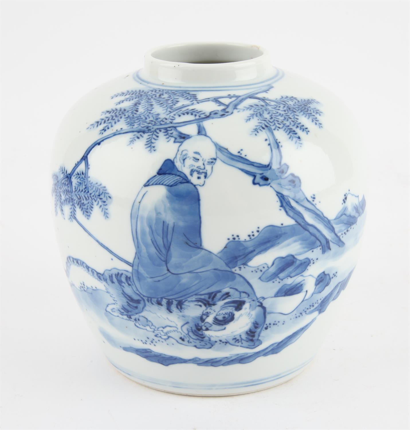 Chinese Blue and white Jar , Late Qing dynasty/early Republic. Painted with the « Fuhu Luohan », - Image 3 of 8