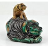 A Japanese Kutani Aubergine , Green and Gilt Foo Dog with his puppy. Late Meiji, Early Taisho