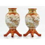 A Pair of Japanese Kutani vases on feet, Meiji period. Finely painted with flowers and birds.